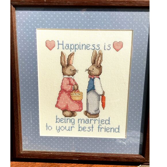 Cross Stitch Bunny Rabbits Framed "Happiness is Being Married to Best Friend" - Picture 2 of 4